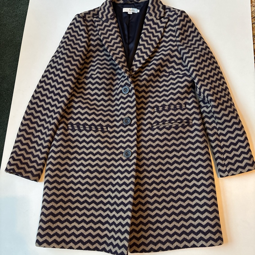 Boden Zigzag Wool Blend Pea Coat in Navy and Tan